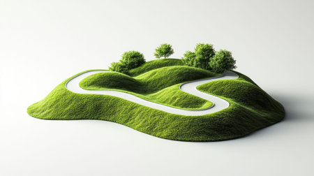 A stunning illustration depicting a winding road through lush green hills, accentuated by trees, symbolizing adventure and the beauty of nature in a minimalist style.の素材