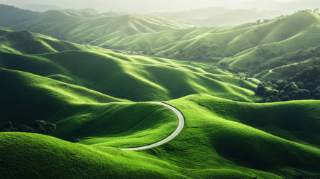 Experience the beauty of a winding road nestled among lush green hills, capturing the essence of nature's tranquility in a breathtaking landscape perfect for inspiration and relaxation.の素材