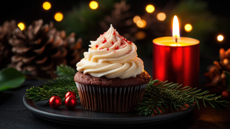 A beautifully styled chocolate cupcake topped with creamy frosting and festive sprinkles, complemented by seasonal elements creating a warm and inviting holiday atmosphere.の素材