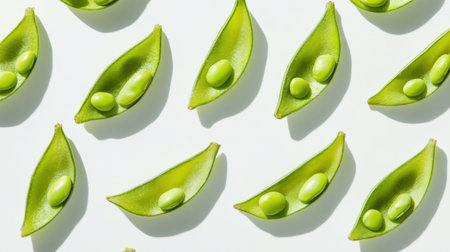 A visually appealing arrangement of fresh green edamame pods and beans on a white background, highlighting the vibrant colors and health benefits of this nutritious snack choice.の素材