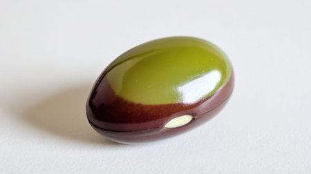 A close-up of a glossy green and brown seed, showcasing its unique shape and color. Perfect for nature-themed designs and minimalist backgrounds.の素材
