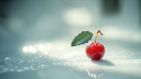 A single cherry adorned with glistening dew drops rests on a soft background, showcasing its vibrant red color and fresh appeal, perfect for food and nature themes.の素材