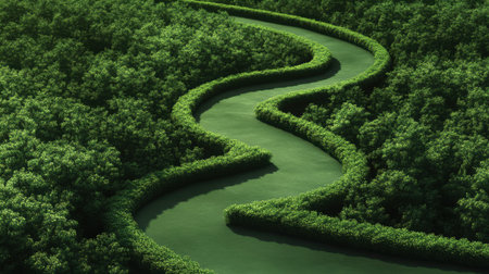 Discover a breathtaking aerial view of a winding stream embraced by vibrant greenery, showcasing the beauty of untouched nature and the serenity of the great outdoors.の素材