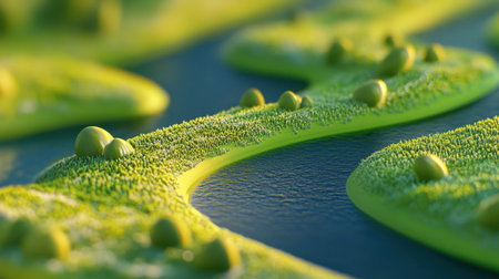 Explore an intricate macro view of vibrant green organic shapes, showcasing detailed textures and fluid forms in a captivating natural environment.の素材