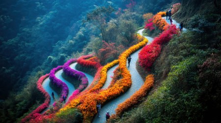A stunning view of a winding path adorned with colorful flowering plants, inviting visitors to explore the lush landscape filled with vibrant tranquility.の素材