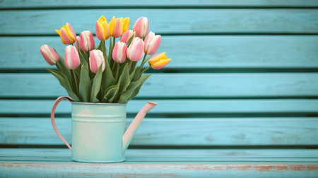 A vibrant arrangement of fresh tulips in shades of pink and yellow, artfully displayed in a vintage watering can on a rustic wooden table against a blue wooden background.の素材