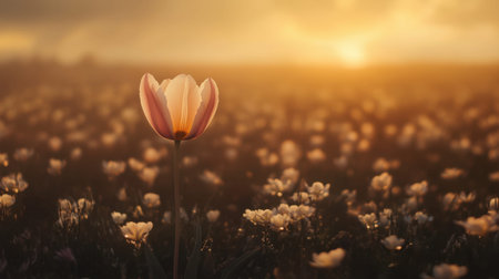A stunning single pink tulip stands tall against a dreamy sunset, surrounded by a field of soft blooms. The sunlight casts a warm glow, evoking feelings of tranquility and beauty in nature.の素材