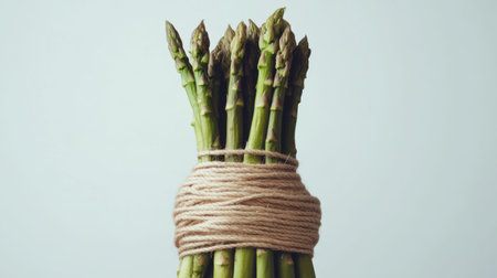 A beautifully arranged bundle of fresh green asparagus tied with twine, perfect for showcasing healthy eating, culinary creativity, and farm-to-table freshness in food-related visuals.の素材
