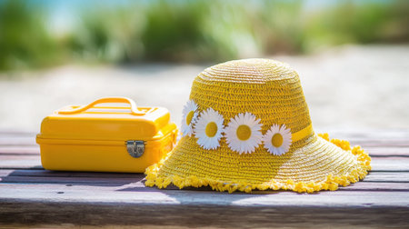 A charming yellow summer hat adorned with daisies rests beside a colorful storage case on a wooden table, capturing the essence of a sunny beach day, perfect for summer activities.の素材