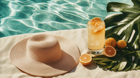 Capture the essence of summer with a beach hat, fresh oranges, and a delicious drink placed by a sparkling pool, perfect for relaxation and enjoyment.の素材