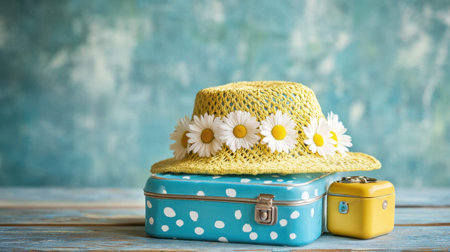 This image showcases a delightful summer setting featuring a yellow straw hat adorned with daisies, complemented by a blue polka dot suitcase and a small yellow case. Perfect for vacation vibes.の素材
