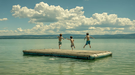 Three children joyfully leap off a wooden platform into the clear lake water under a bright blue sky filled with fluffy clouds, capturing a moment of summer wonder.の素材