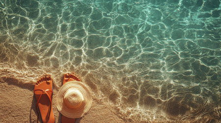 Enjoy the soothing ambiance of a beach scene showcasing sunlit water, soft sand, and a relaxed pair of feet in stylish sandals, inviting tranquility and summer vibes.の素材