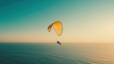 A breathtaking view of a paraglider gliding over a tranquil ocean at sunset, showcasing the perfect blend of adventure and serenity in nature's beauty.の素材