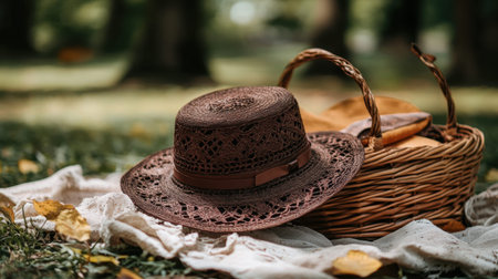 A rustic woven hat rests beside a picnic basket on green grass, surrounded by autumn leaves, creating a peaceful outdoor atmosphere perfect for relaxation and leisure.の素材