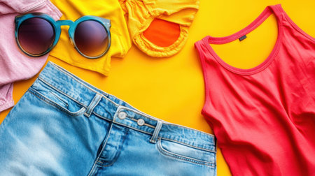 A colorful arrangement of stylish summer clothing items, including tanks, shorts, and sunglasses, set against a vibrant yellow background, perfect for trendy lifestyle themes.の素材