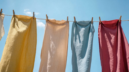 Brightly colored fabrics hang on a clothesline under a clear blue sky, capturing a sense of warmth and freshness, ideal for summer-themed visuals or outdoor laundry scenes.の素材