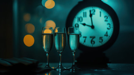 A captivating scene featuring three elegant glasses of bubbly champagne next to a vintage clock, elegantly lit with bokeh lights, perfect for celebration themes and festive moments.の素材