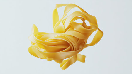 A dynamic image of ribbon pasta gracefully swirling in the air, showcasing a vibrant yellow hue perfect for culinary projects and food-related themes.の素材