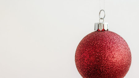 A beautiful shiny red glitter ornament hanging against a plain white background, evoking the festive spirit of Christmas and adding a touch of sparkle to seasonal celebrations.の素材