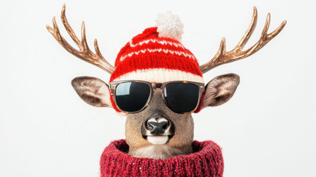 A whimsical portrait of a reindeer adorned with sunglasses and a cozy sweater, showcasing a fun and cheerful spirit perfect for the holiday season.の素材