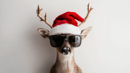 This playful image features a cute deer sporting a Christmas hat and sunglasses, exuding a fun and cheerful vibe perfect for holiday-themed projects and decorations.の素材