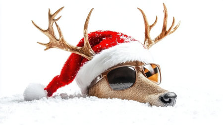 Adorable dog with antlers and Santa hat enjoying a snowy environment while wearing sunglasses, bringing joy and fun to the festive holiday season. Perfect for cheerful holiday designs.の素材