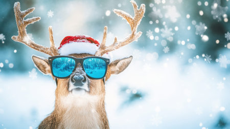 A charming reindeer donning a Santa hat and sunglasses brings a cheerful vibe to the winter landscape with falling snowflakes, perfect for holiday themes and festive spirit.の素材