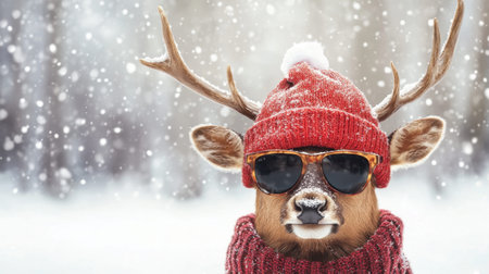 A charming reindeer dons stylish sunglasses and a cozy knit hat, standing against a snowy backdrop, embodying the spirit of winter fun and joyful festivities.の素材