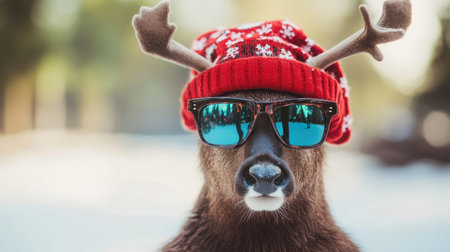 A playful deer adorned with a festive hat and sunglasses, standing against a snowy forest backdrop, capturing the essence of holiday cheer and whimsical nature.の素材