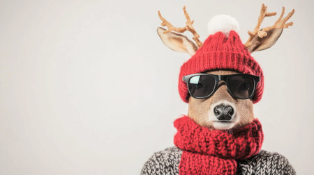A whimsical deer character dressed in a cozy red hat, sunglasses, and a warm sweater, ready to spread joy and cheer during the winter season. Perfect for festive themes!の素材