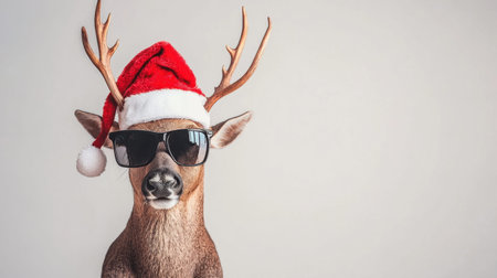 A playful deer dons a Santa hat and sunglasses, combining charm and humor for a unique holiday image perfect for seasonal projects and promotions.の素材