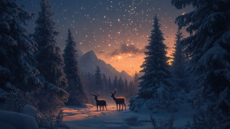 A breathtaking winter scene captures two deer standing gracefully amidst snow-covered trees under a star-filled sky, illuminated by the warm glow of the horizon at dusk.の素材