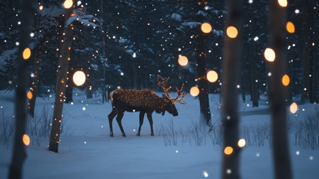 A serene winter scene featuring a reindeer illuminated with warm Christmas lights, set against a snowy forest backdrop, creates a magical atmosphere perfect for holiday celebrations.の素材