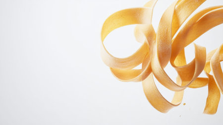 Dynamic and artistic view of curling strips of pasta soaring against a bright backdrop. Perfect for food presentation, culinary themes, and creative cooking projects.の素材