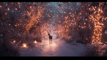 A serene winter scene featuring a majestic reindeer standing on a snowy pathway surrounded by glowing trees adorned with bright lights, creating a magical ambiance in a tranquil forest.の素材