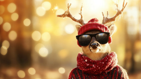 A whimsical deer dons sunglasses, a bright beanie, and a cozy sweater, set against a beautiful autumn background filled with soft bokeh lights, radiating joy and charm.の素材