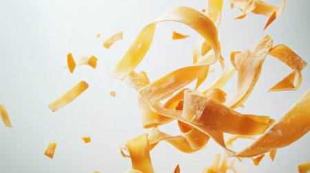 Experience the beauty of culinary art with this image of delicate pasta pieces in motion, highlighting the creativity and allure of Italian cuisine against a clean, light backdrop.の素材