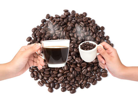 Cup of coffee and coffee beans on coffee beans background