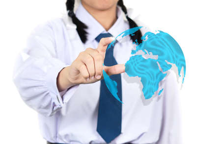 girl student in school uniform connected the world ,education concept.の写真素材