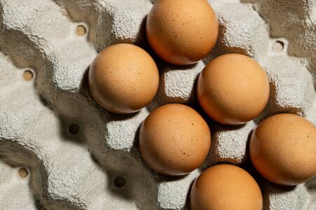 Chicken eggs, brown egg stall, paper Reduce natural pollutionの写真素材