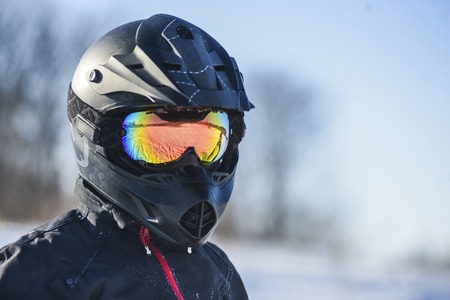 biker in a black helmet, with the reflection in the maskの写真素材