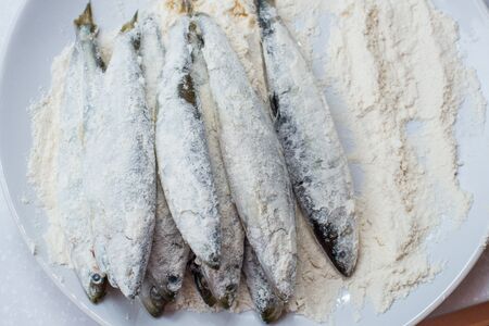 Roach fish sprinkled with flour - ready for fry.の写真素材