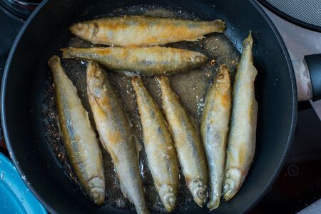 Fried small tasty fish on a barbecue grill  hotplateの写真素材