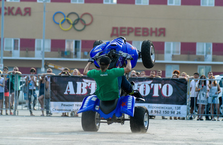 Khabarovsk Russia - July 11, 2015 : a  stunt rider on a sport bike ,on a stunt battle,  July 11, 2015 in Khabarovsk Russiaのeditorial素材