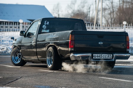 Khabarovsk, Russia - March 3, 2016 : car Nissan Datsun pickup truck on the street, in winterのeditorial素材