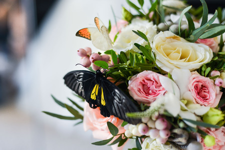 Bridal bouquet with different flowers, honeymoon , butterfly sitting on bunchの写真素材