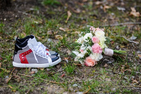 Bridal bouquet with different flowers, honeymoon , redの写真素材