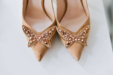 womens shoes closeup  on white background high heels isolatedの写真素材