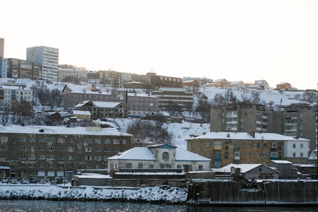 island of Sakhalin Kholmsk morning, winter seaの写真素材